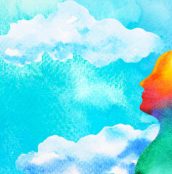 human head in blue sky abstract art mind mental health spiritual healing  free freedom feeling watercolor painting illustration design drawing