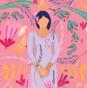 Breast Cancer Awareness month with ribbon and woman